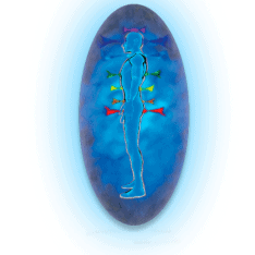 human outline of man standing with highlighted chakras